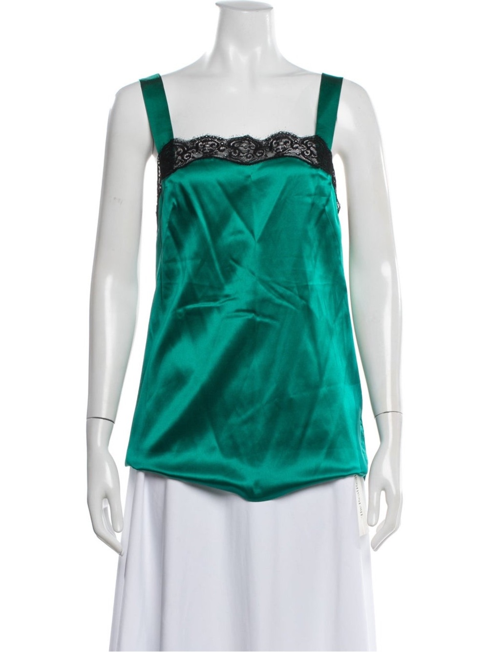 Dolce & Gabbana Emerald Green Silk Slip Top with Black Lace Trim